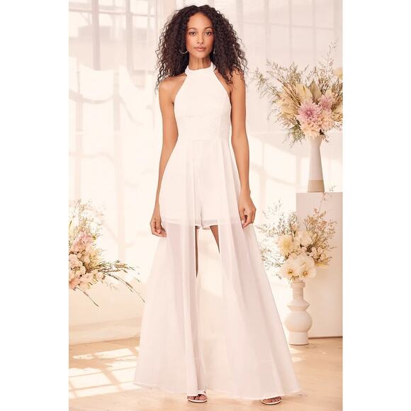 Lulus‎ Love Speaks White Lace Halter Maxi Romper Wedding dress S - BNWT - Picture 1 of 16